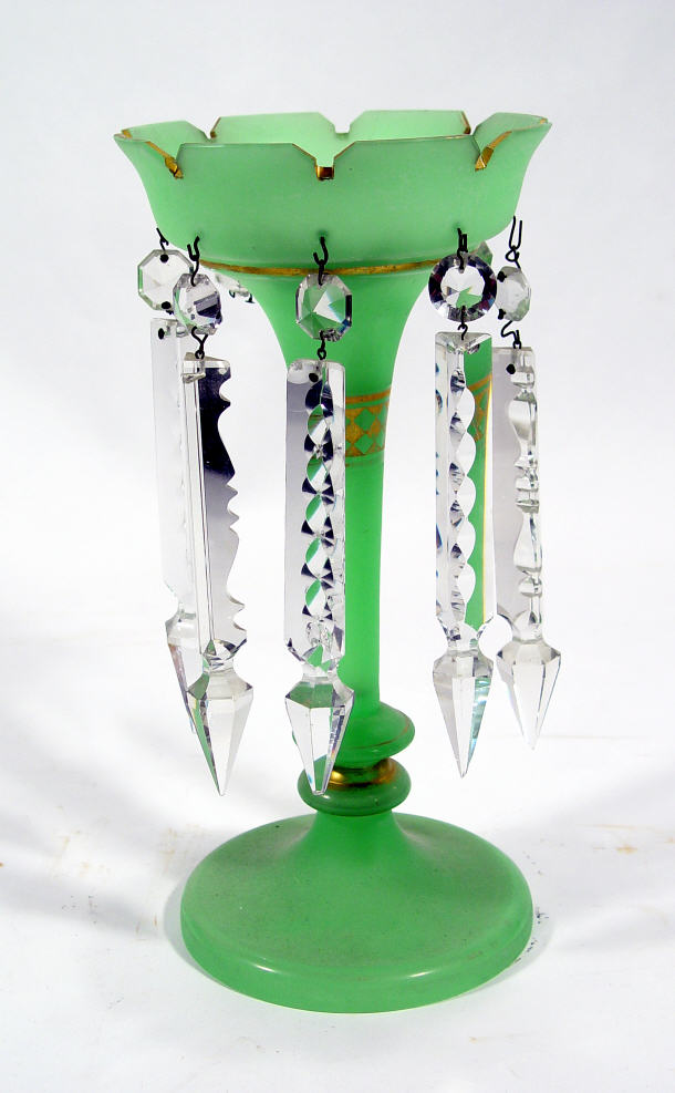 Appraisal: Victorian gilded green glass lustre with cut glass drops cm