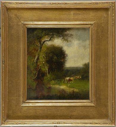 Appraisal: WILLIAM HART - LANDSCAPE WITH COWS Oil on paperboard x