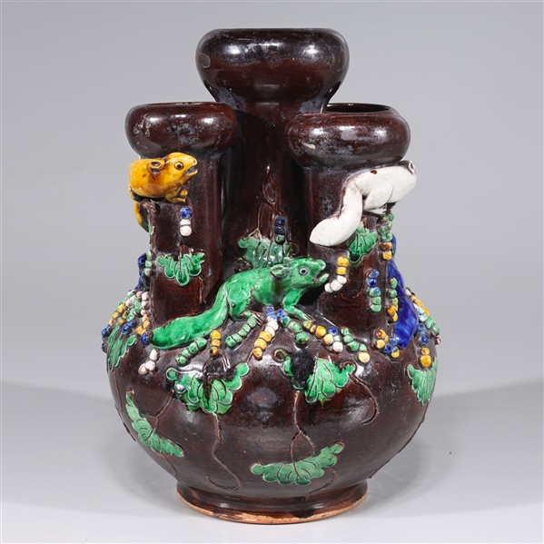 Appraisal: Unusual Chinese molded ceramic vase with numerous floral and animal