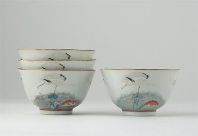 Appraisal: Four Chinese polychrome small bowls each decorated with red-capped cranes