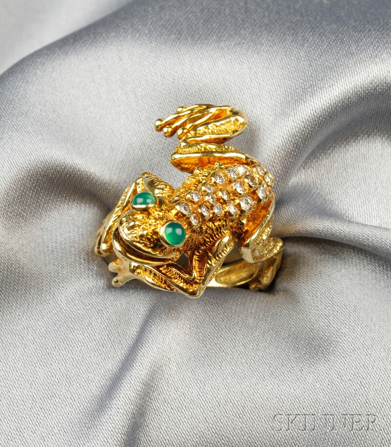 Appraisal: kt Gold Diamond and Green Chalcedony Frog Ring Kurt Wayne