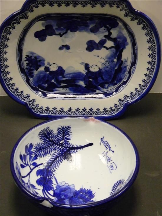 Appraisal: Japanese blue and white peach shaped dish and a platter