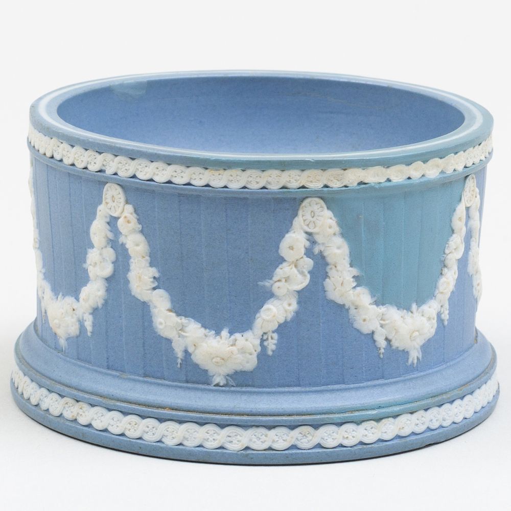 Appraisal: Wedgwood Blue and White Jasperware Cylindrical Salt Impressed mark decorated