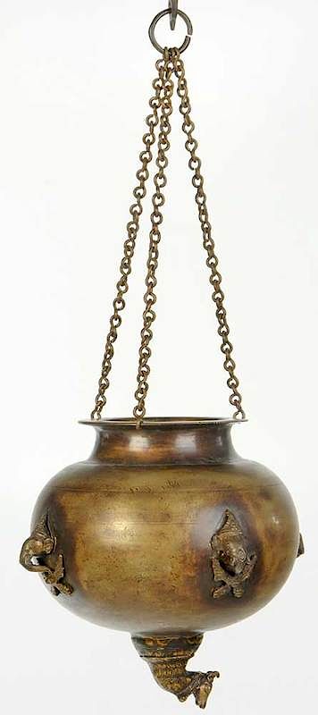 Appraisal: Asian Bronze Hanging Urn th century with applied elephant heads