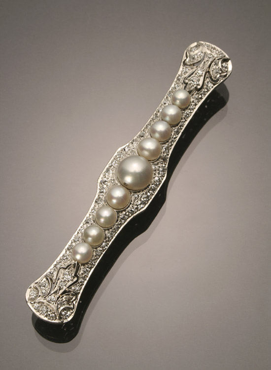 Appraisal: Art Deco Platinum Diamond and Cultured Pearl Bar Pin Circa