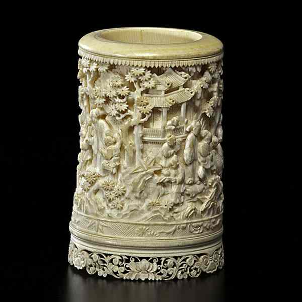 Appraisal: Chinese Ivory Brush Pot Chinese th century An ornately carved