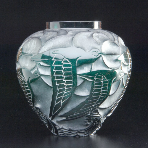 Appraisal: R LALIQUE Vase Courlis dark green with whitish patina c