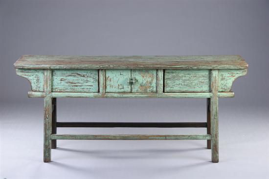 Appraisal: CHINESE LIGHT GREEN ELMWOOD SIDEBOARD Rectangular top above two doors