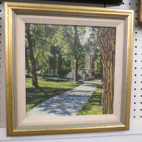 Appraisal: Oil Paintings park scene with fountainand lady along is path