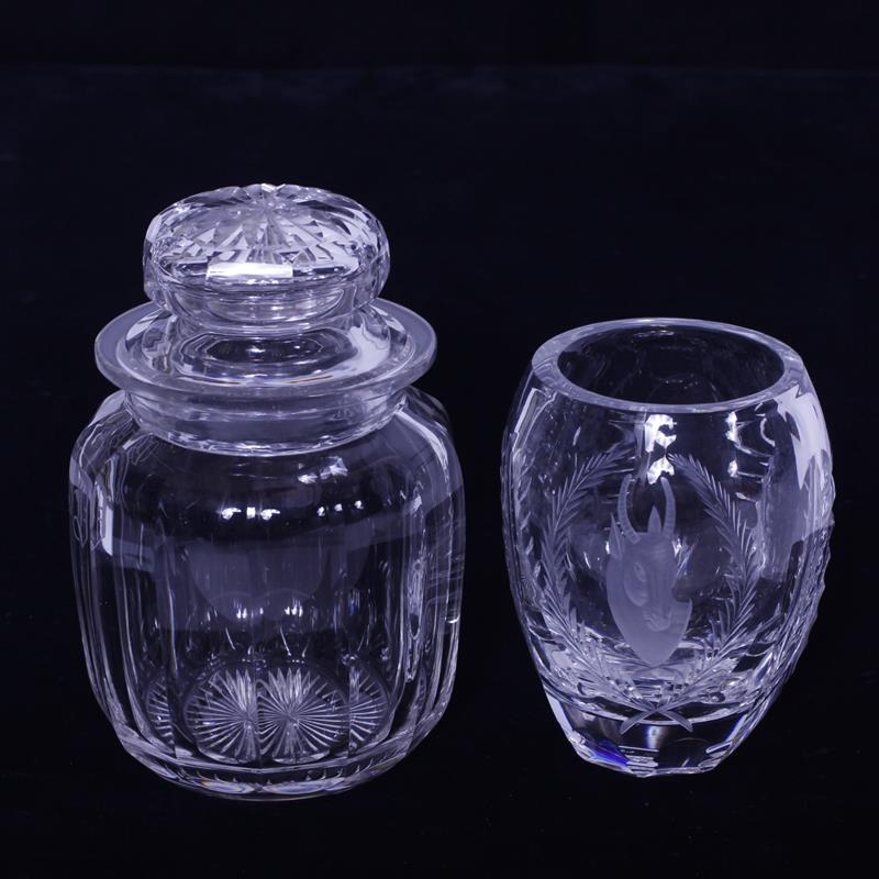 Appraisal: Two Cut Crystal piece Bohemian Vase with Etched Stag figure