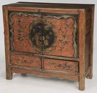 Appraisal: Chinese Painted Cabinet two doors over two drawers stained red