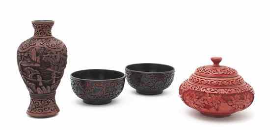 Appraisal: Four Chinese Lacquer Style Articles comprising a circular covered vessel