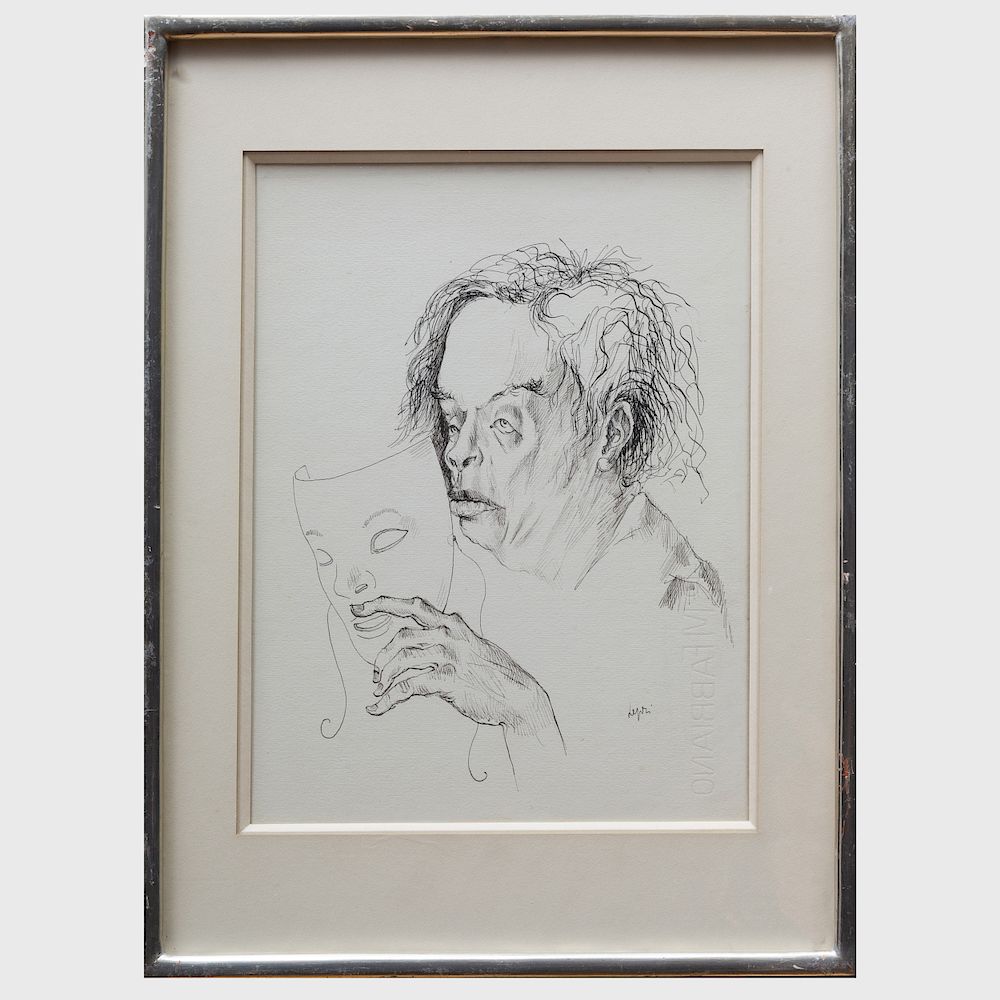 Appraisal: Stanislas Lepri - Autoportrait au masque Ink on paper signed