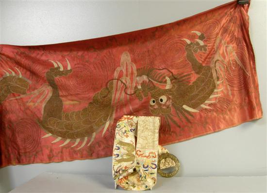 Appraisal: Japanese silk panel the burnt orange ground embroidered with a