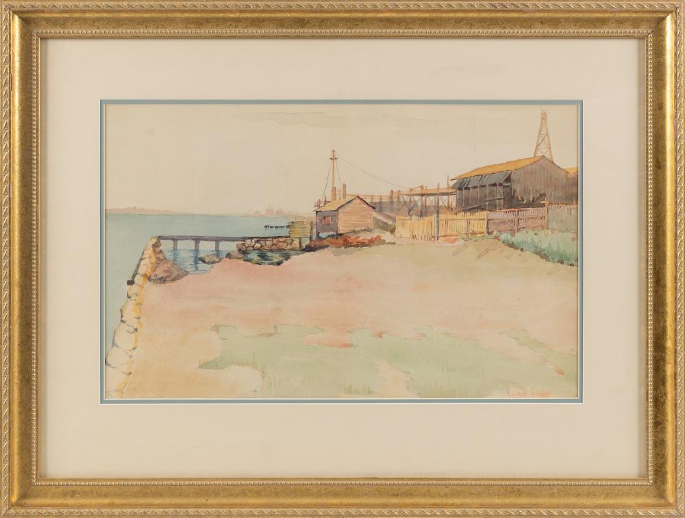 Appraisal: EMILE ALBERT GRUPPE MASSACHUSETTS - BEACH WITH PIER AND SHACKS