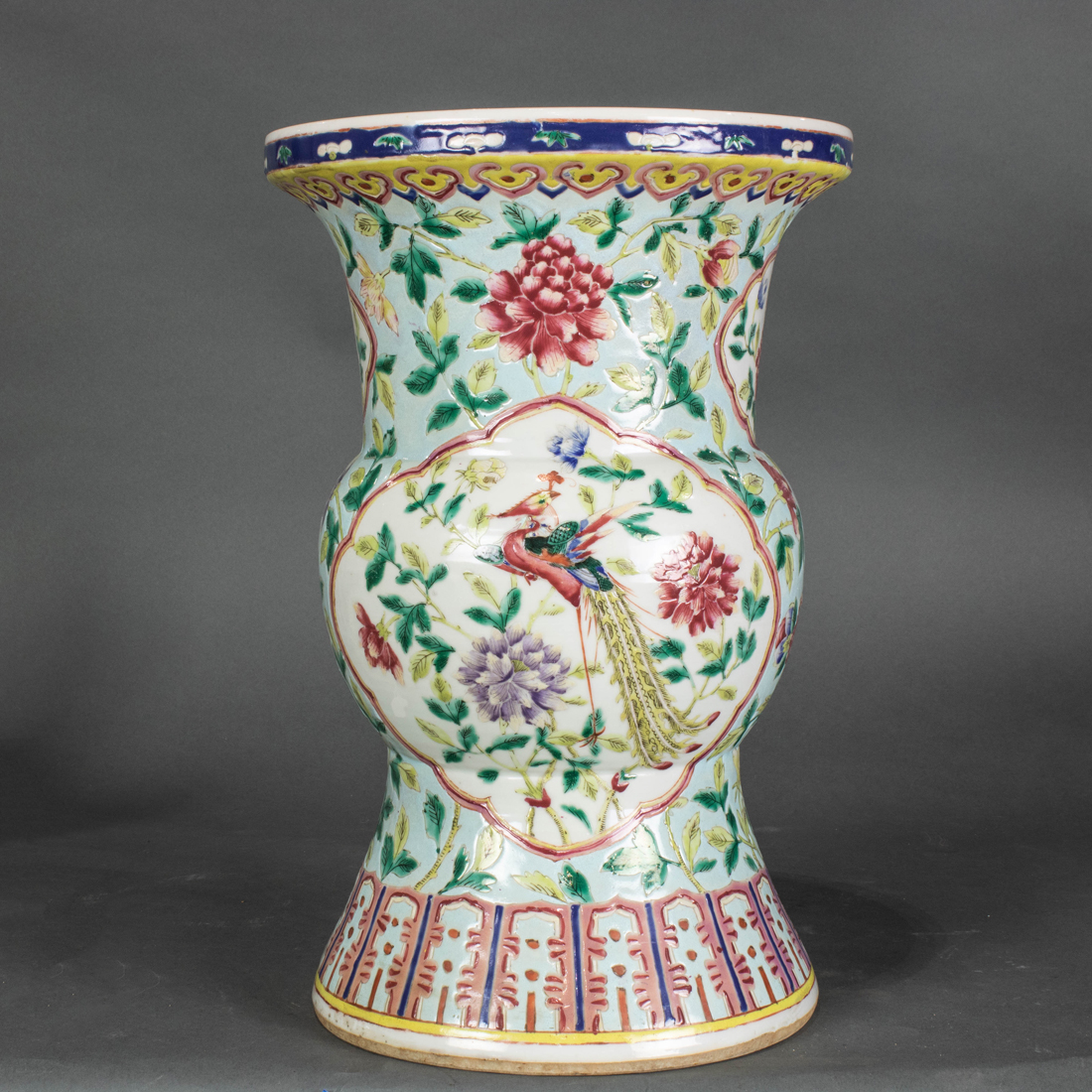 Appraisal: FAMILLE ROSE TRUMPET VASE Famille rose trumpet vase decorated with