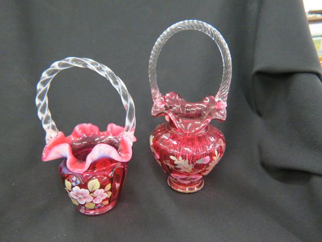 Appraisal: Fenton Handpainted Cranberry Glass Baskets artist signed excellent