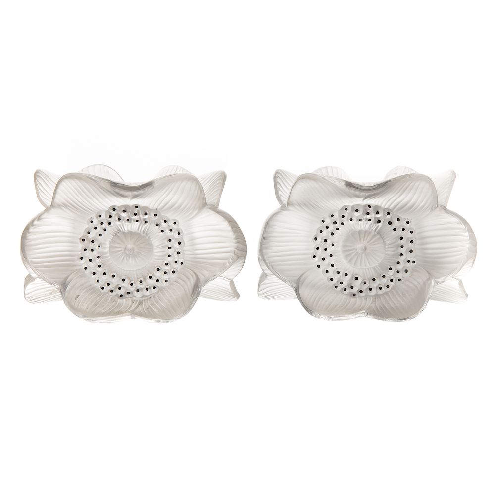 Appraisal: Pair Lalique Crystal Three Anemone Candleholders modeled as three overlapping