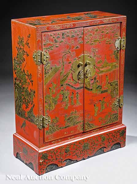 Appraisal: An Antique Chinoiserie Red Lacquer Side Cabinet rectangular case over