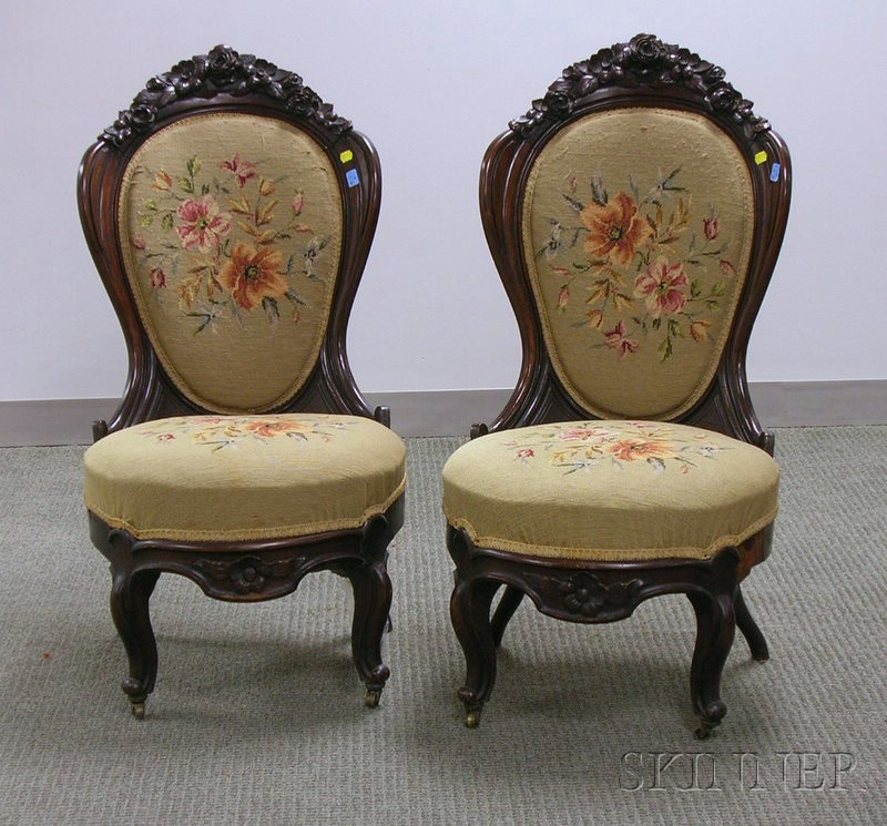 Appraisal: Pair of Belter Victorian Rococo Revival Needlepoint Upholstered Carved Laminated