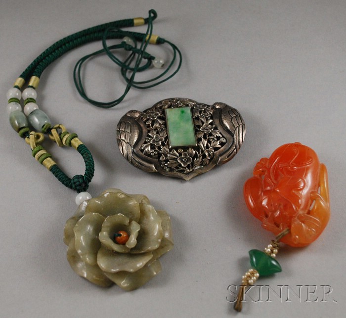 Appraisal: Three Large Hardstone Jewelry Items two carved pendants and a