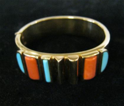 Appraisal: karat yellow gold turquoise and coral bangle braceletitaly