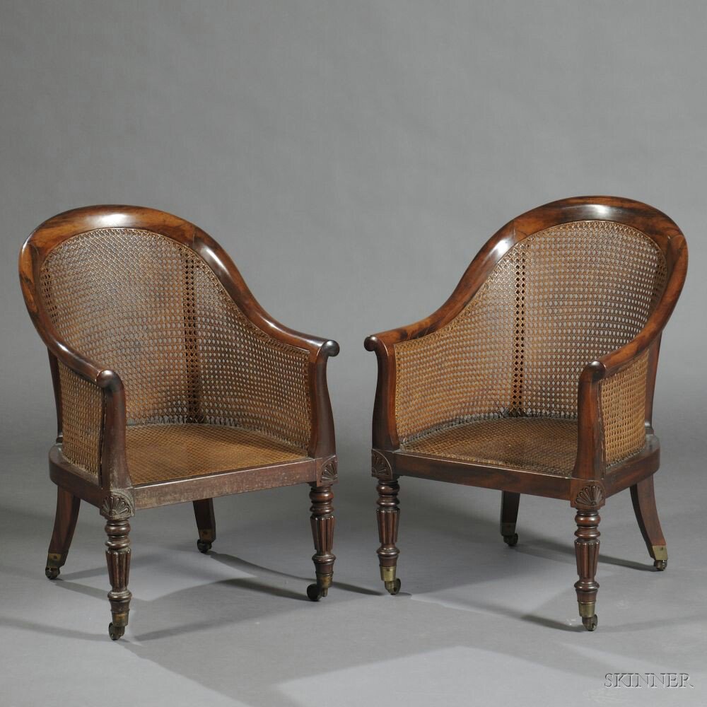 Appraisal: Pair of Regency Rosewood Caned Bergere Library Chairs early th