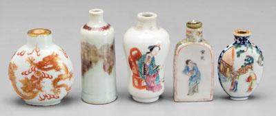 Appraisal: Five Chinese snuff bottles one cylindrical splashes of lavender and