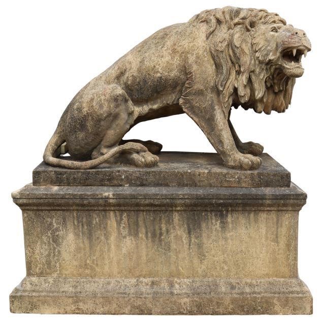 Appraisal: Monumental cast stone garden statuary depicting lion crouching open mouthed