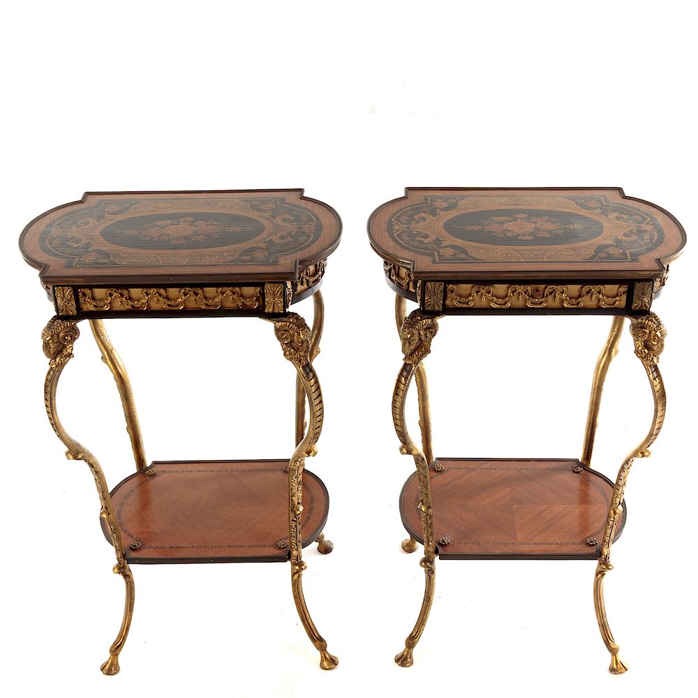 Appraisal: Pair Napoleon III Style Marquetry Tables th century ovoid tops