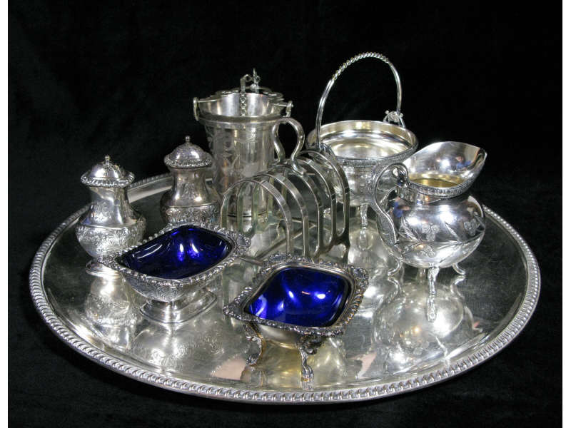 Appraisal: Silverplate Collection pieces including pair of master salts with cobalt