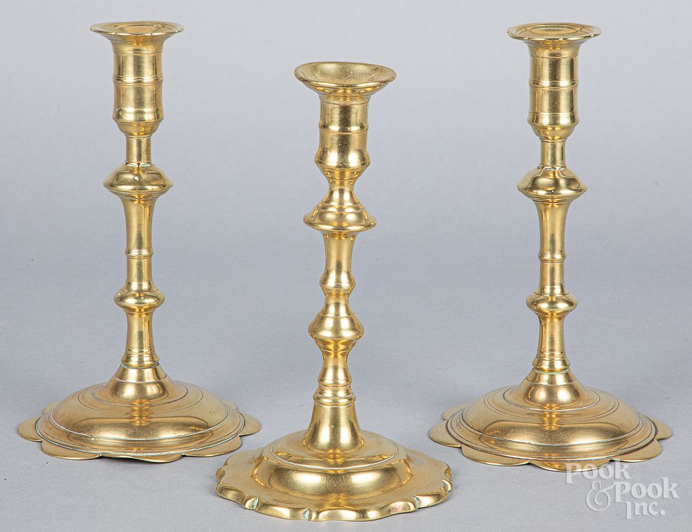 Appraisal: Pair of Queen Anne brass candlesticks mid th c Pair