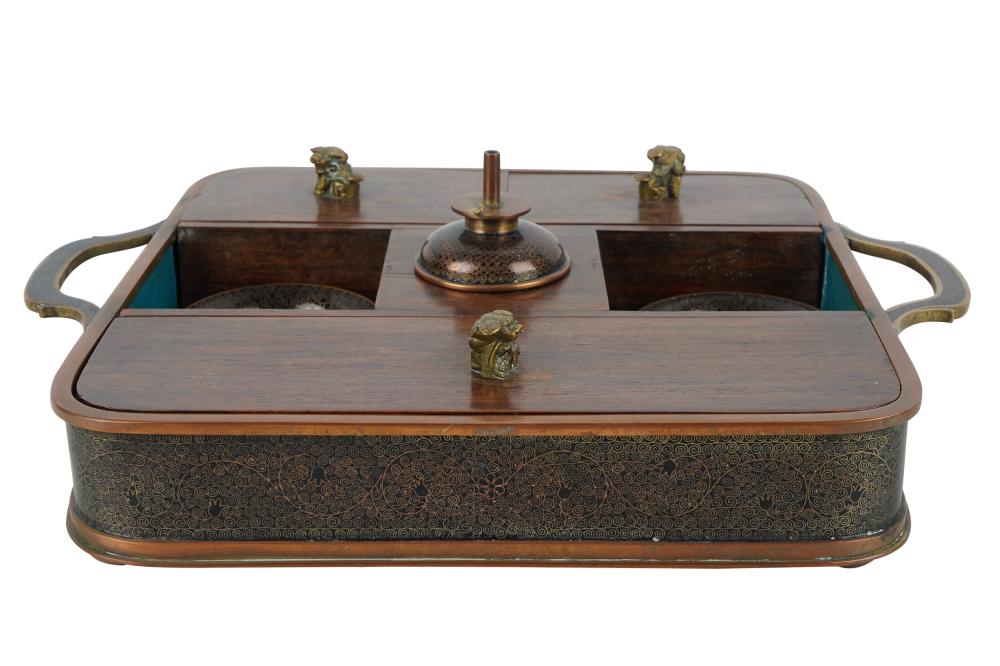 Appraisal: CLOISONNE ROSEWOOD SMOKING SETthe rectangular caddy with three covered compartments