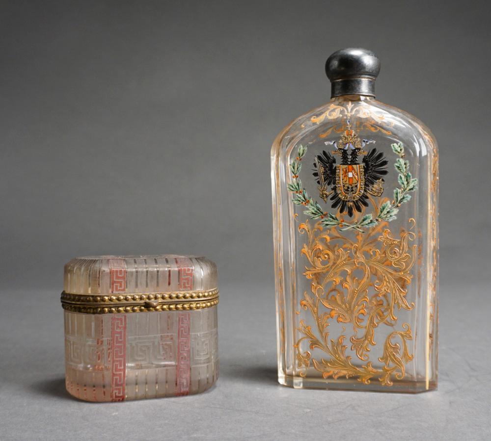 Appraisal: EUROPEAN ENAMEL DECORATED CRYSTAL FLASK AND ETCHED GLASS BOX DAMAGED