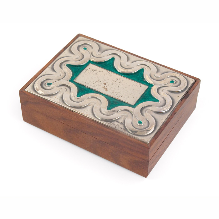 Appraisal: Ottaviani box hinged wood form with silver overlay and green