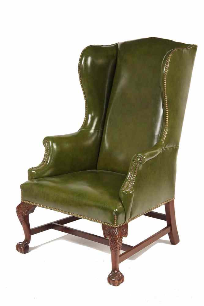 Appraisal: FAUX LEATHER WINGCHAIR - Green Faux Leather Wingchair in Chippendale