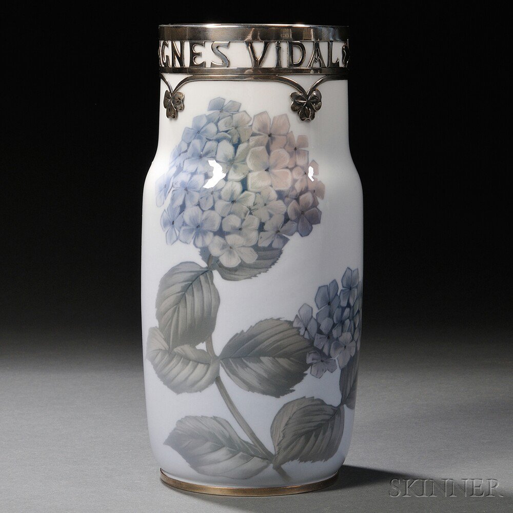 Appraisal: Royal Copenhagen Sterling Silver-mounted Vase Denmark c decorated with hydrangea