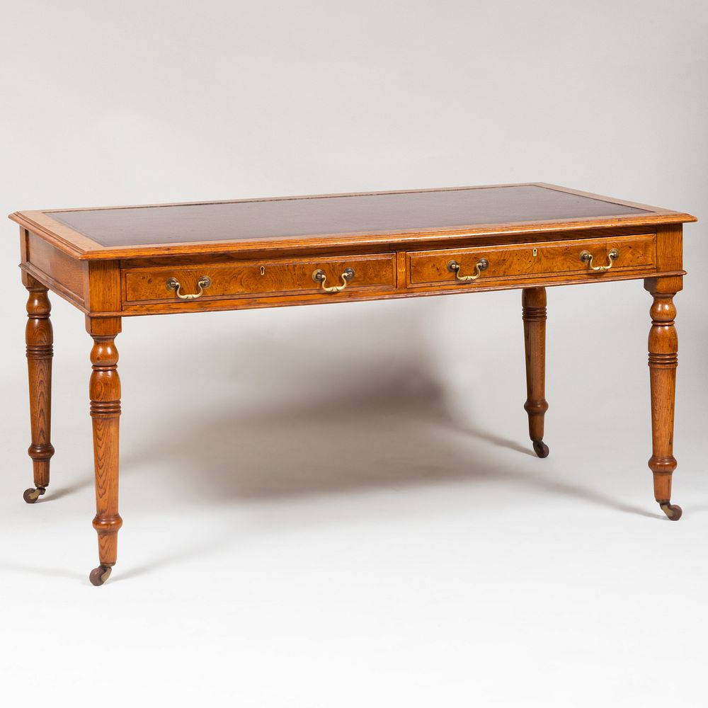 Appraisal: Regency Style Burlwood and Oak Desk Fitted with a leather