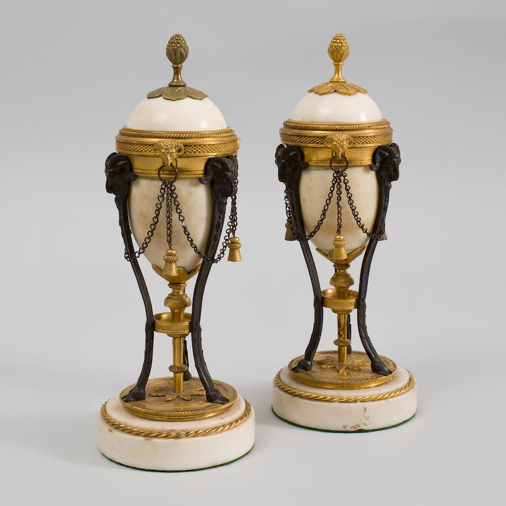 Appraisal: Pair of Louis XVI Gilt and Patinated Bronze-Mounted Marble Cassolettes