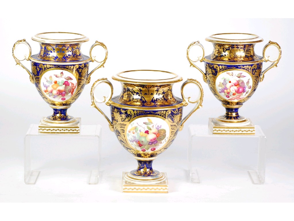 Appraisal: FINE CLOSELY MATCHED GARNITURE OF THREE EARLY 's DERBY PORCELAIN