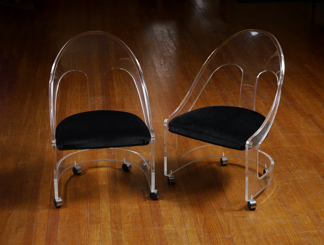 Appraisal: HILL MANUFACTURING LUCITE CHAIRS Pair of thick Lucite barrel back