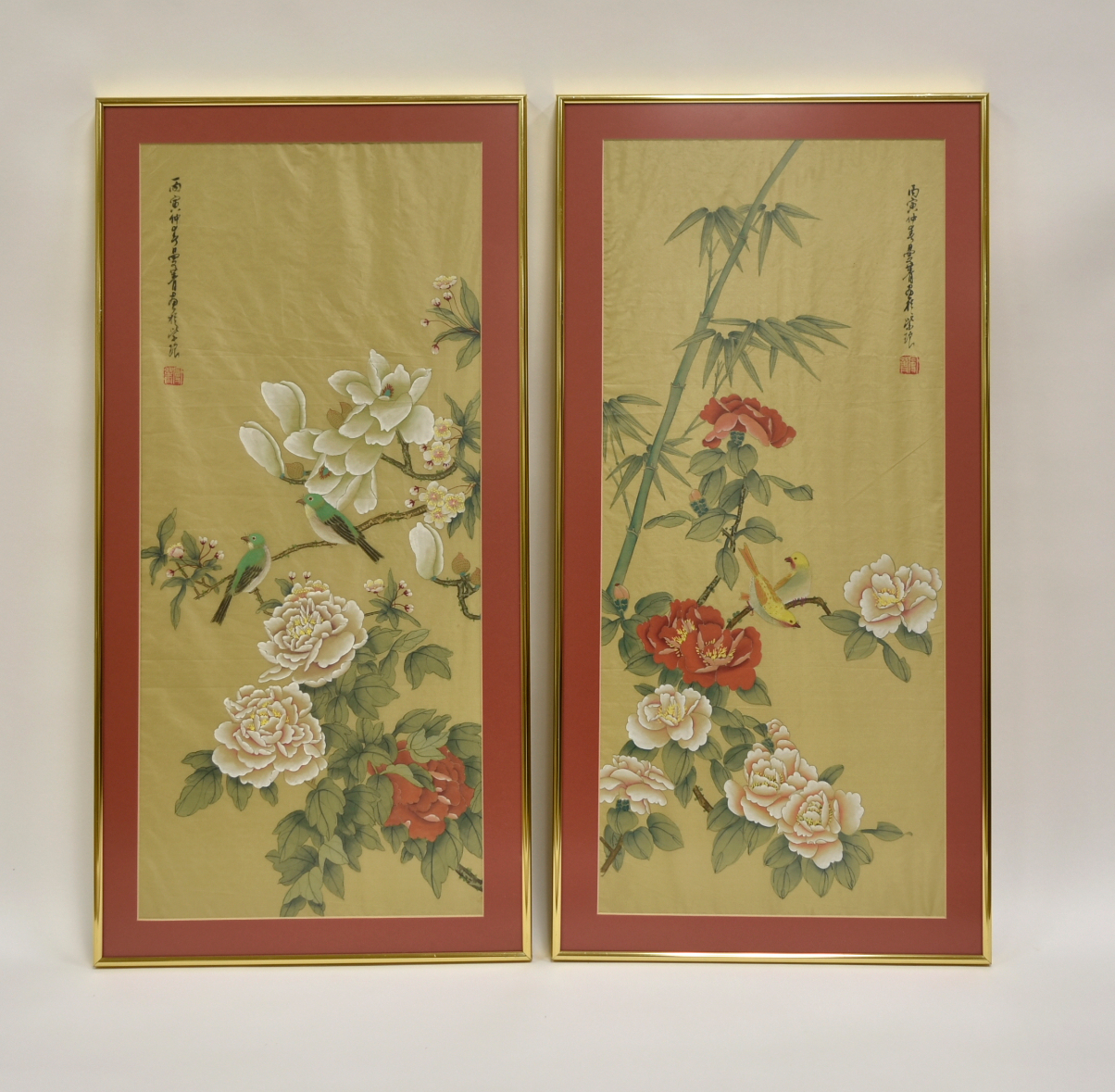 Appraisal: PAIR OF CHINESE PAINTING ON SILK W BIRDS FLOWER pair