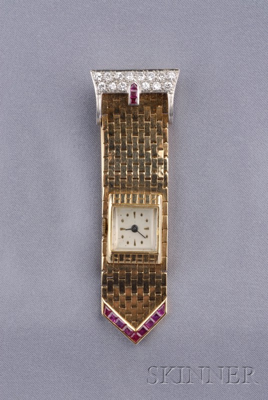 Appraisal: Retro kt Gold Platinum Ruby and Diamond Clip Watch the