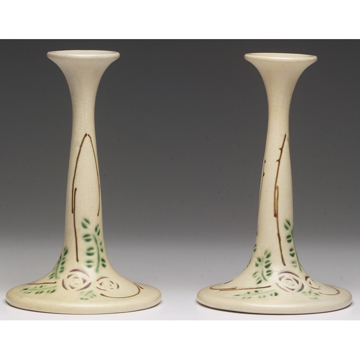 Appraisal: Roseville Velmoss Schroll candlesticks pair unmarked w x h with