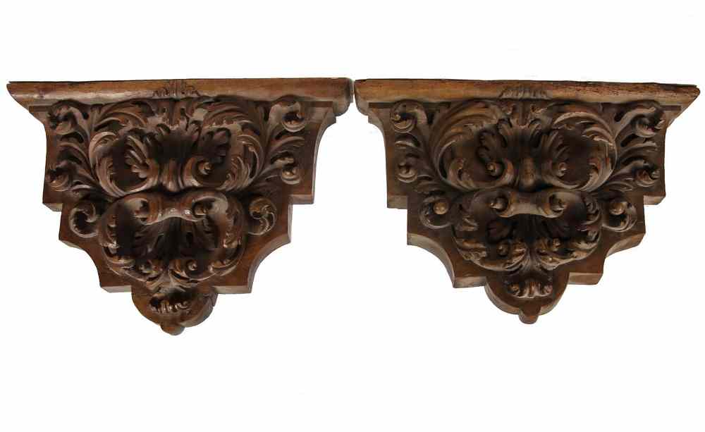 Appraisal: PAIR CARVED WOOD ARCHITECTURAL CORBELS - Pair of Italian Carved