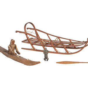 Appraisal: Inupiat Model Sled Kayak and Stone Figure PLUS early th