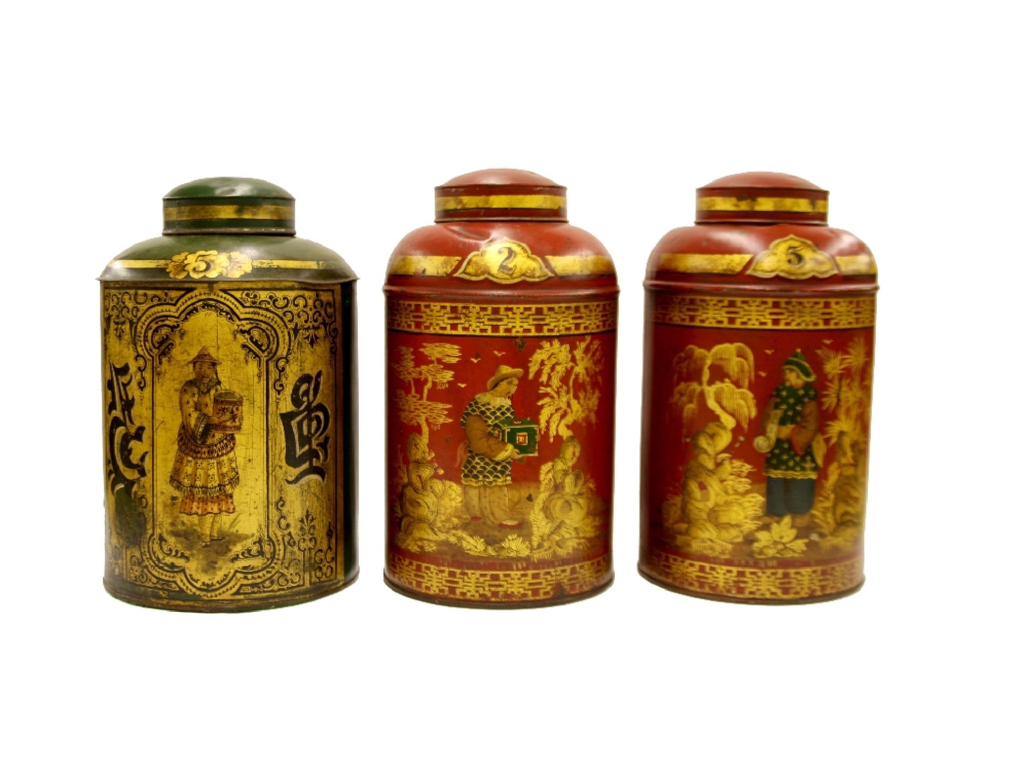 Appraisal: Three antique Tole Ware tea canisters each decorated with standing