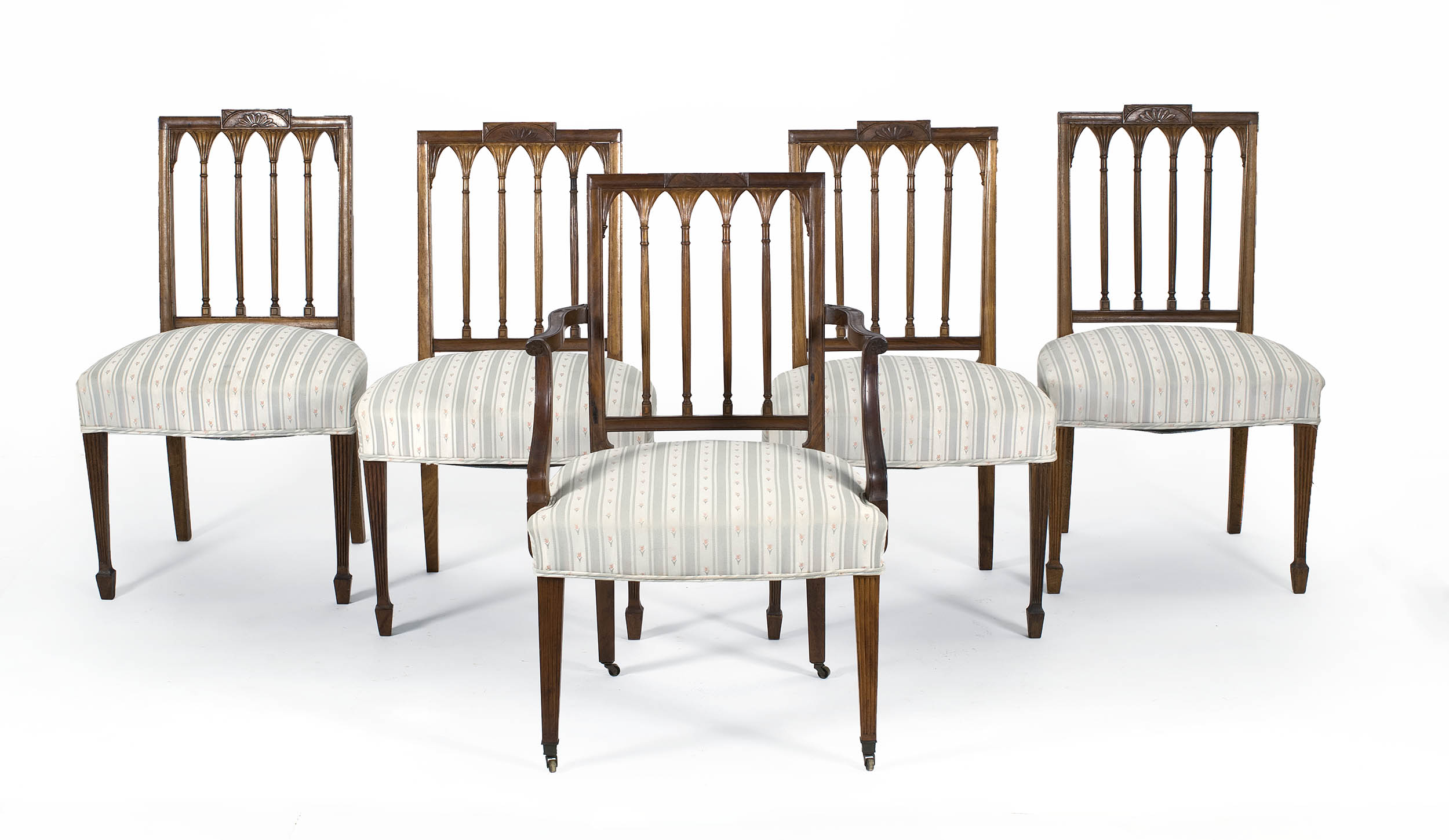 Appraisal: SET OF FIVE HEPPLEWHITE-STYLE DINING CHAIRS with acanthus-carved backs and