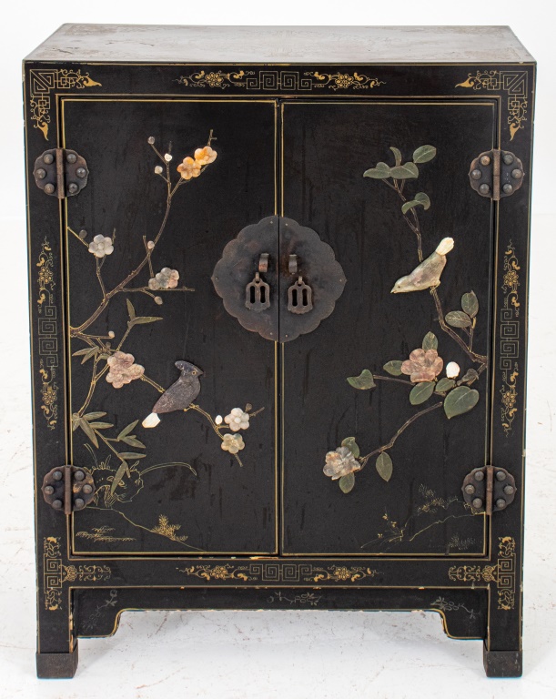 Appraisal: CHINESE STONE INLAID BLACK LACQUER CABINET Chinese black lacquered wooden