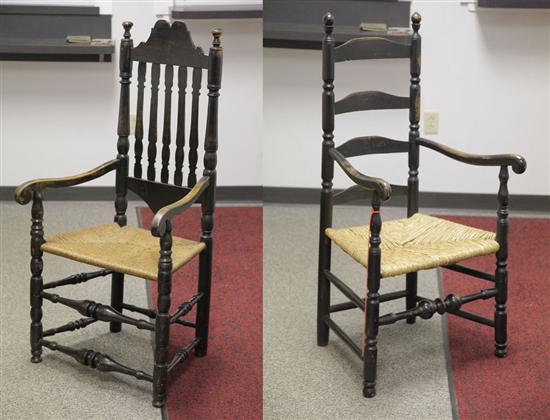 Appraisal: TWO ARMCHAIRS Both painted black with rush seats A ladderback